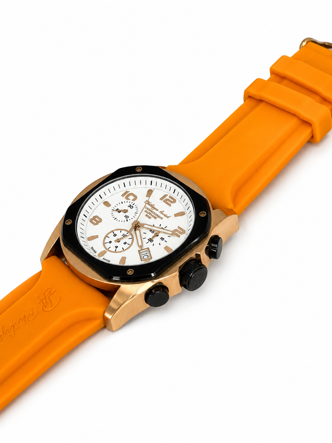 Philippe Amiel M6404 Reloj para Hombre Cronógrafo Acero PVD Oro Rosa y Correa Naranja
