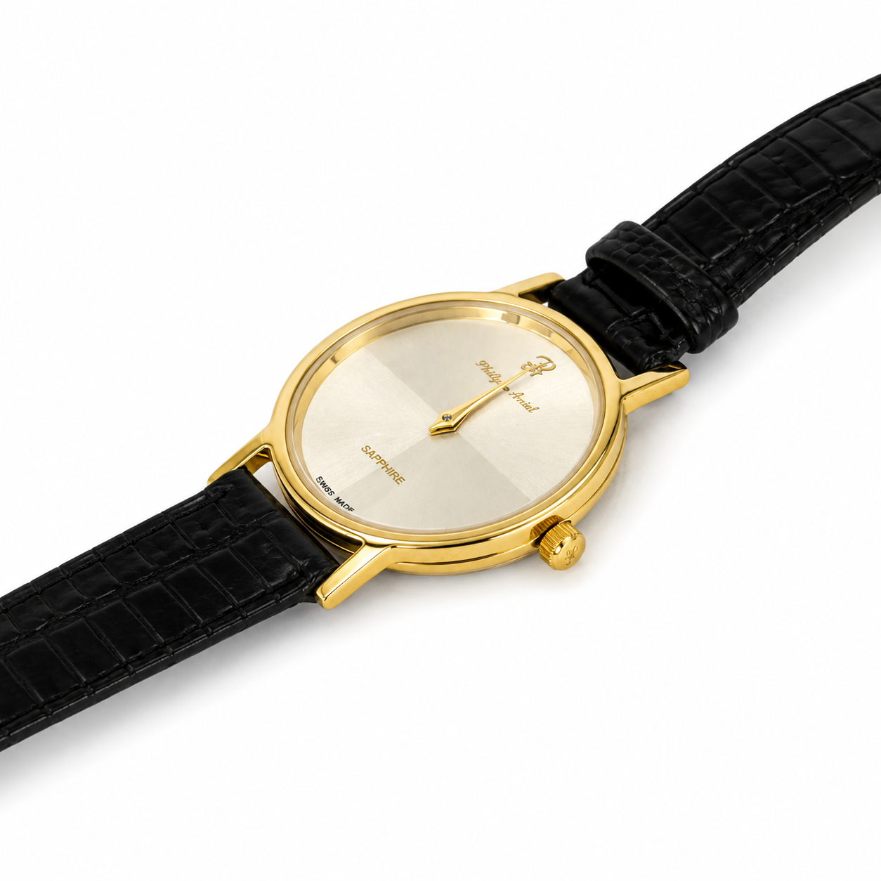 Philippe Amiel F12396 AZ Reloj para Mujer Dorado con Esfera Champán y Correa de Cuero Negra