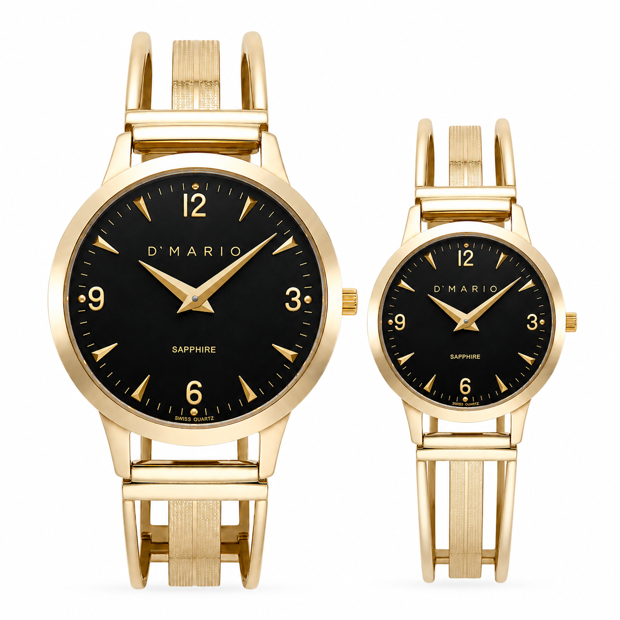 PAREJA DE RELOJES D'MARIO PULSO ESQUELETO FONDO NEGRO NÚMEROS DORADOS