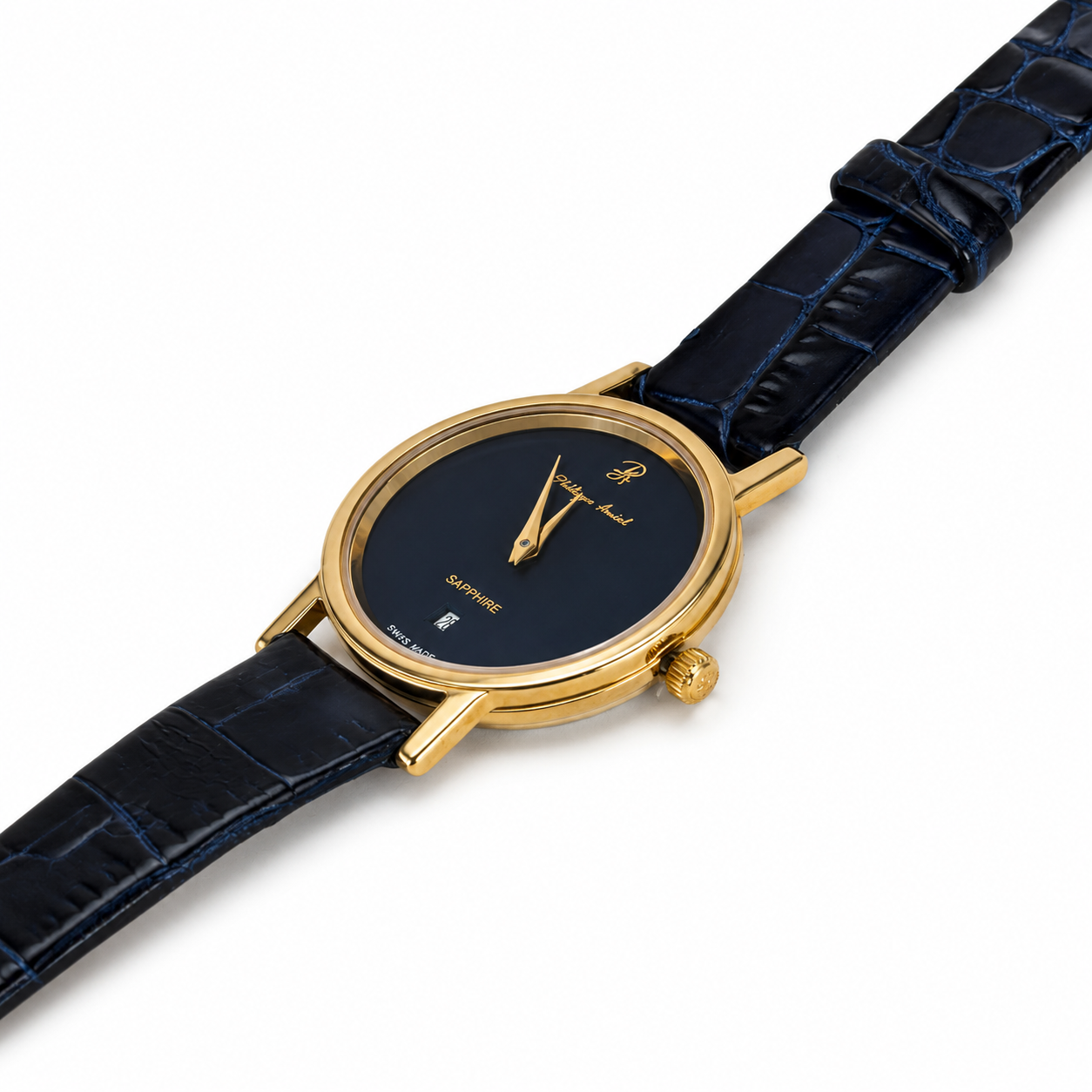 Philippe Amiel F12396 AZ Reloj para Mujer Dorado con Esfera Azul y Correa de Cuero Azul