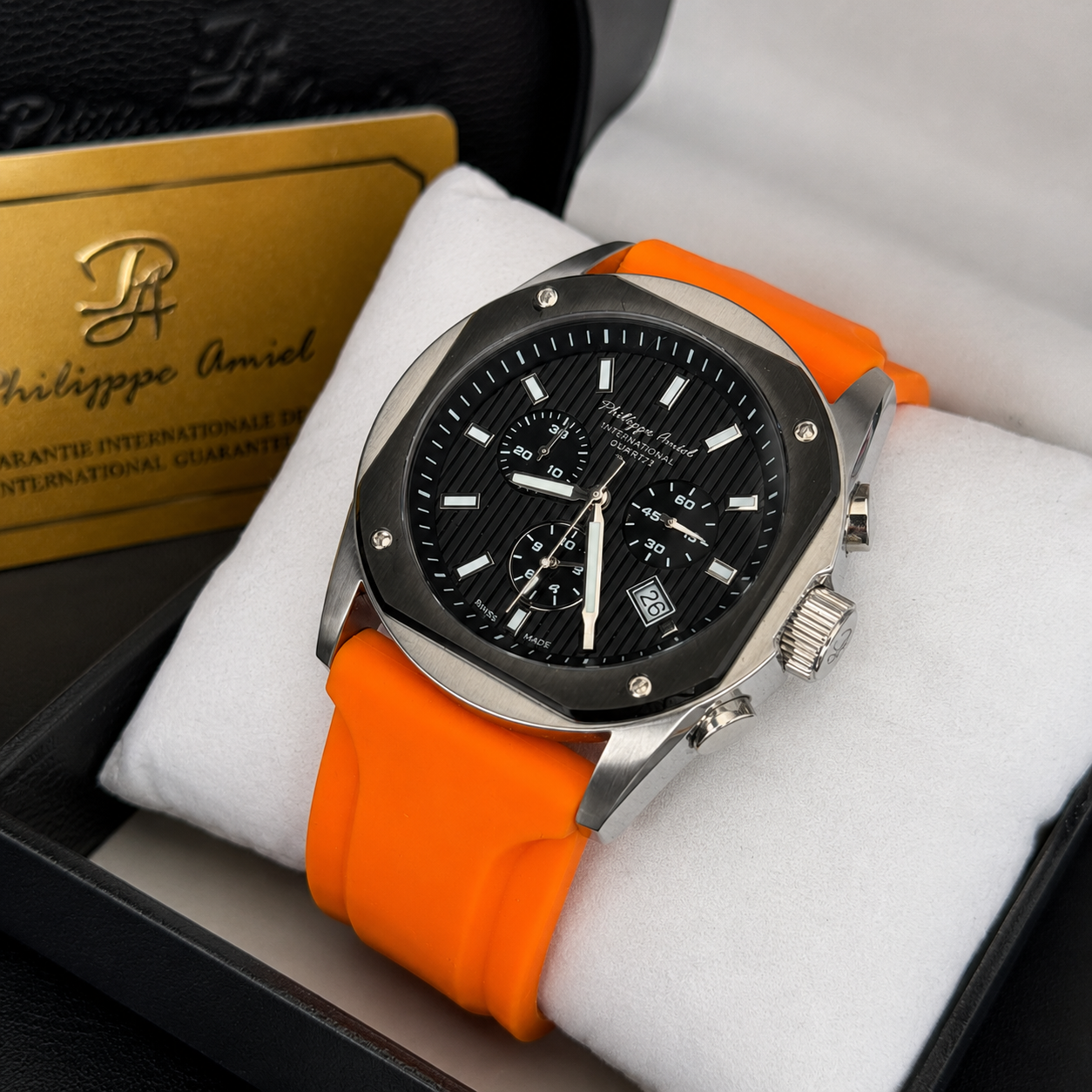 Philippe Amiel M6404 Reloj para Hombre Cronógrafo Acero y Correa Naranja