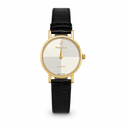 Philippe Amiel F12396 AZ Reloj para Mujer Dorado con Esfera Champán y Correa de Cuero Negra