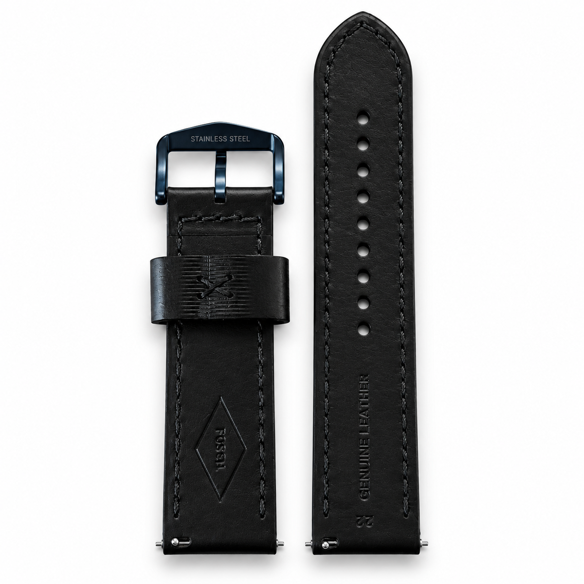 PULSO FOSSIL ORIGINAL 24 MM EN CUERO GENUINO NEGRO HEBILLA AZUL