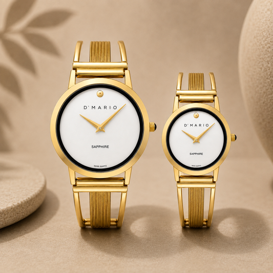PAREJA DE RELOJES D'MARIO PULSO ESQUELETO FONDO BLANCO