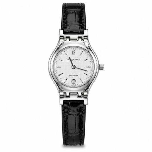 Philippe Amiel F6239 AZ Reloj para Mujer Acero Plateado con Correa de Cuero Negro