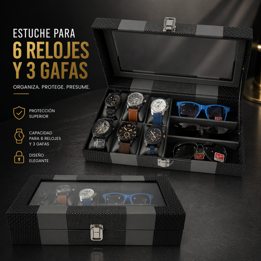 ORGANIZADOR DE RELOJES ESTUCHE RELOJERA DE LUJO 6 PUESTOS + 3 PUESTOS PARA GAFAS