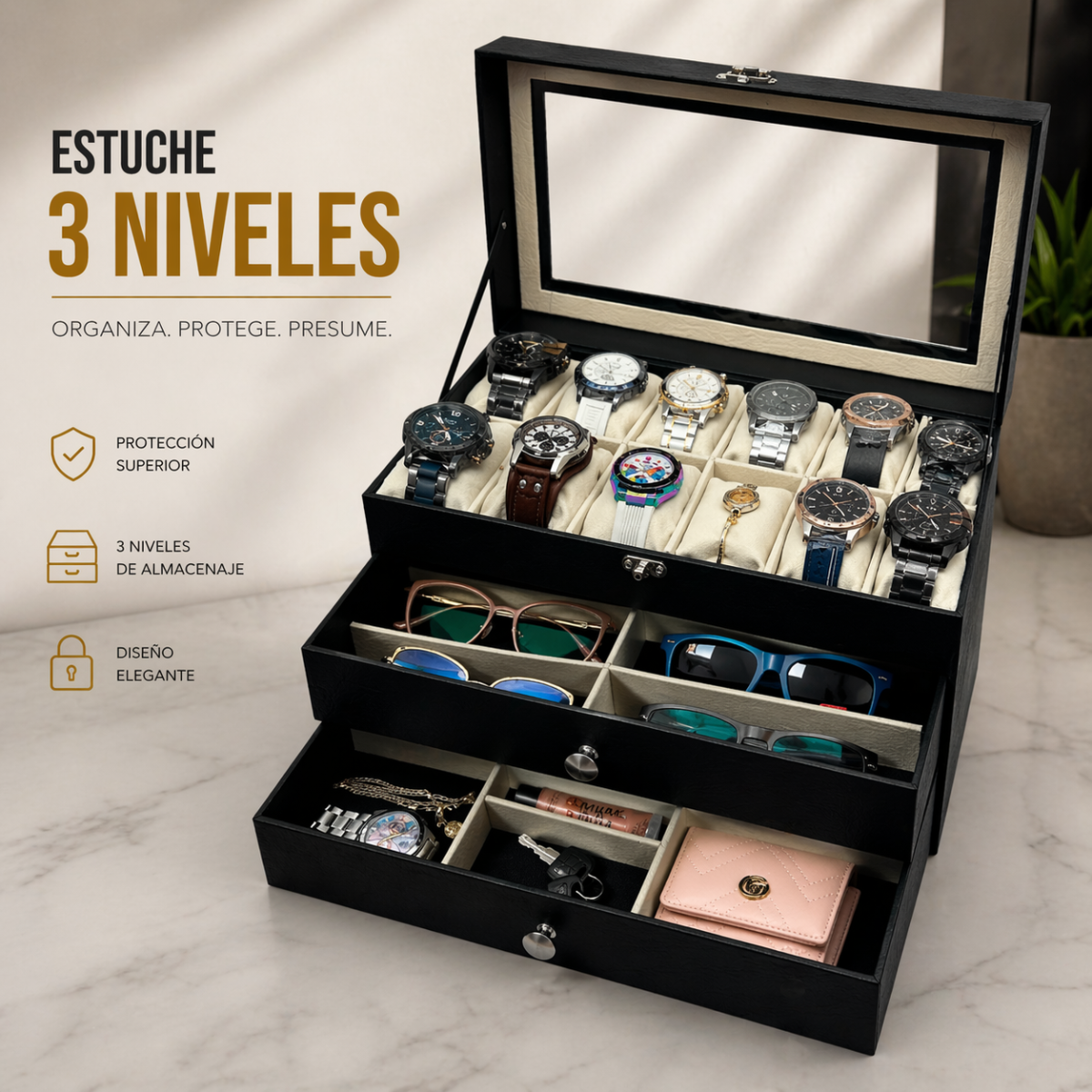 ORGANIZADOR DE RELOJES ESTUCHE RELOJERA DE LUJO CON JOYERO
