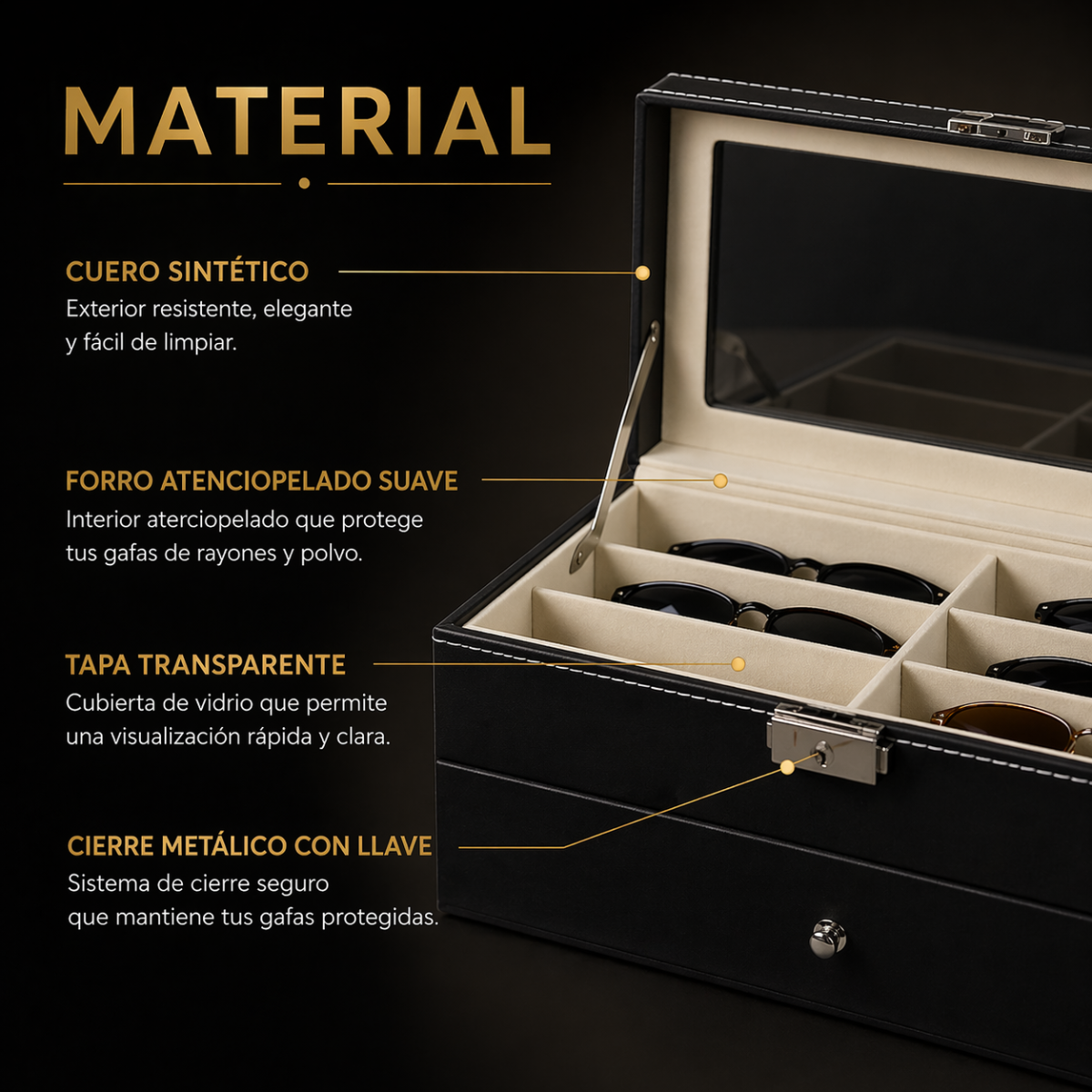 ESTUCHE PARA GAFAS DE 12 PUESTOS DE LUJO CON LLAVE