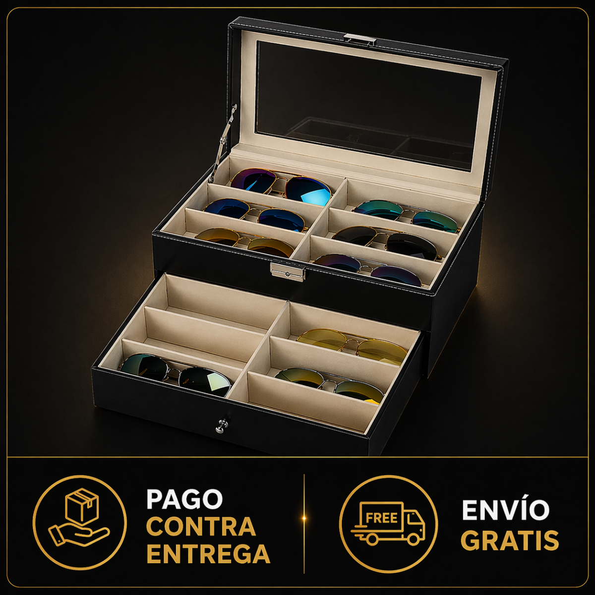 ESTUCHE PARA GAFAS DE 12 PUESTOS DE LUJO CON LLAVE