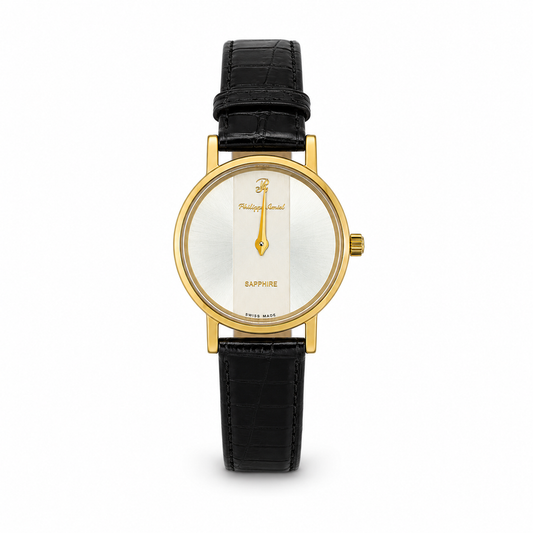 Philippe Amiel F12396 AZ Reloj para Mujer Dorado con Esfera Plateada y Correa de Cuero Negra
