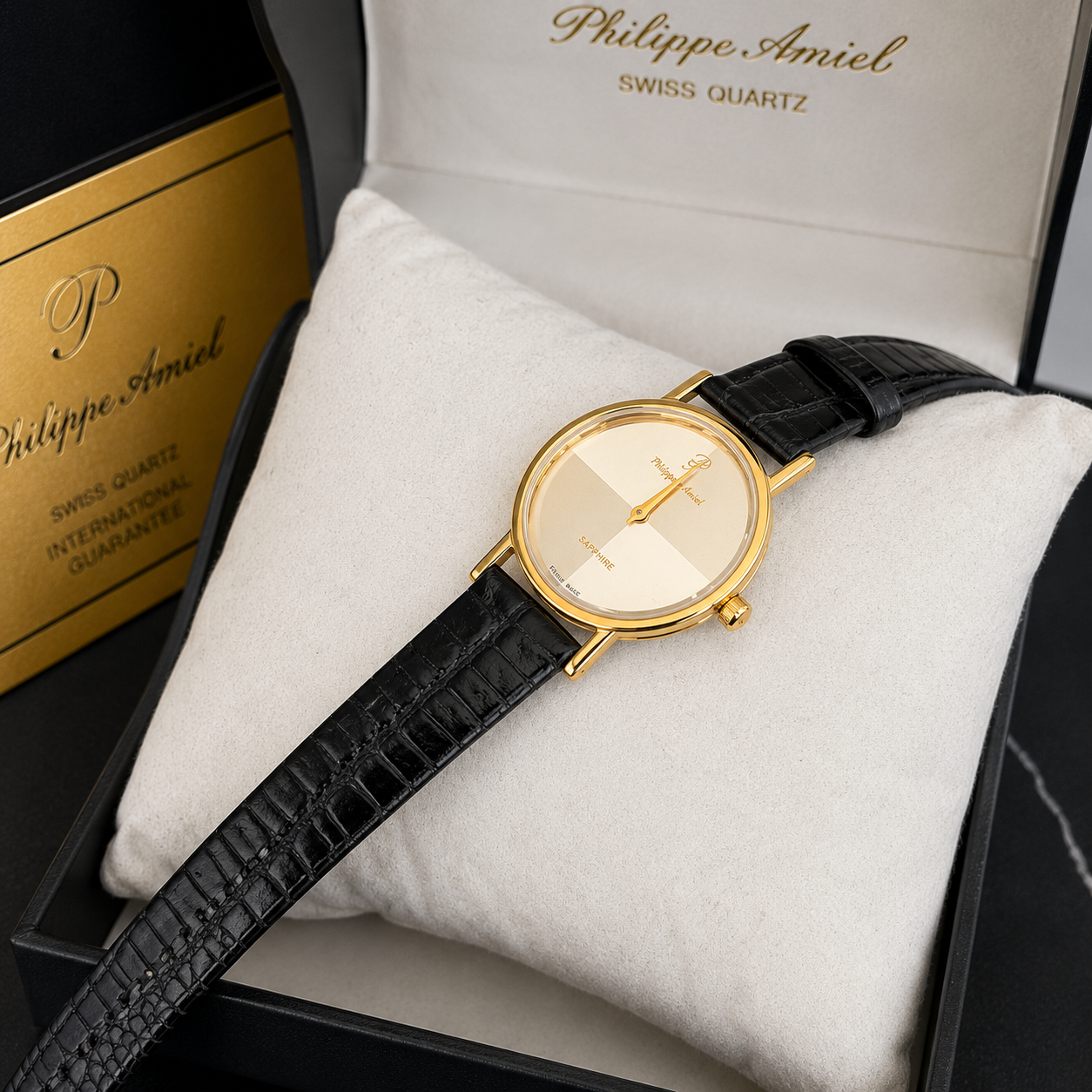 Philippe Amiel F12396 AZ Reloj para Mujer Dorado con Esfera Champán y Correa de Cuero Negra