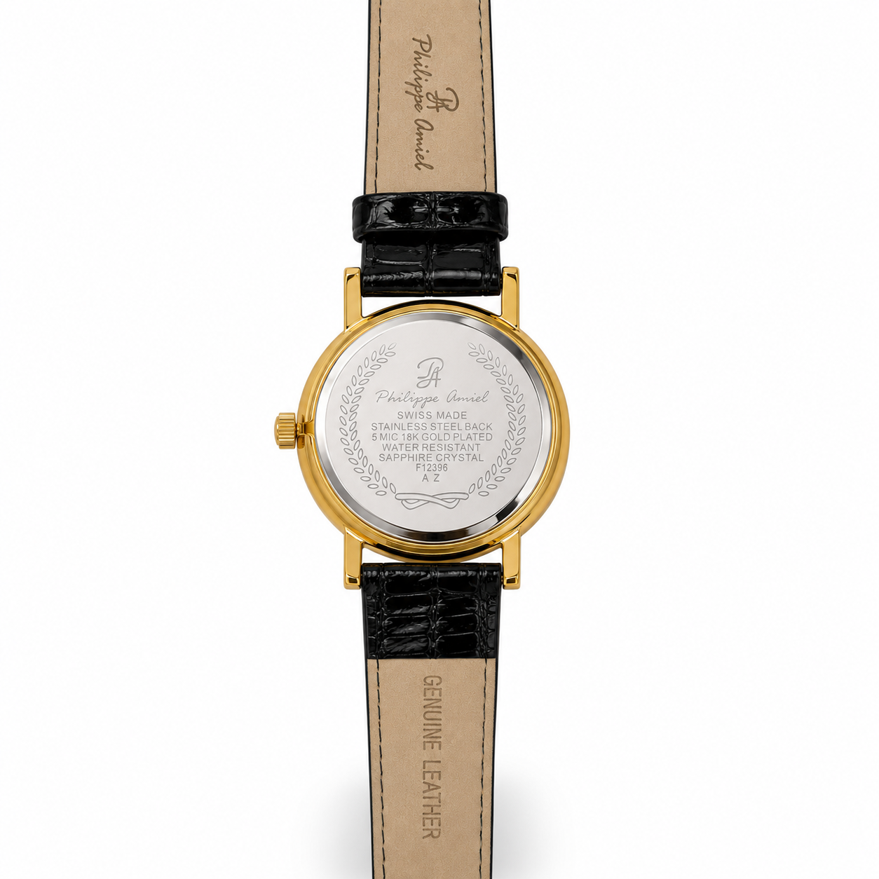 Philippe Amiel F12396 AZ Reloj para Mujer Dorado con Esfera Plateada y Correa de Cuero Negra