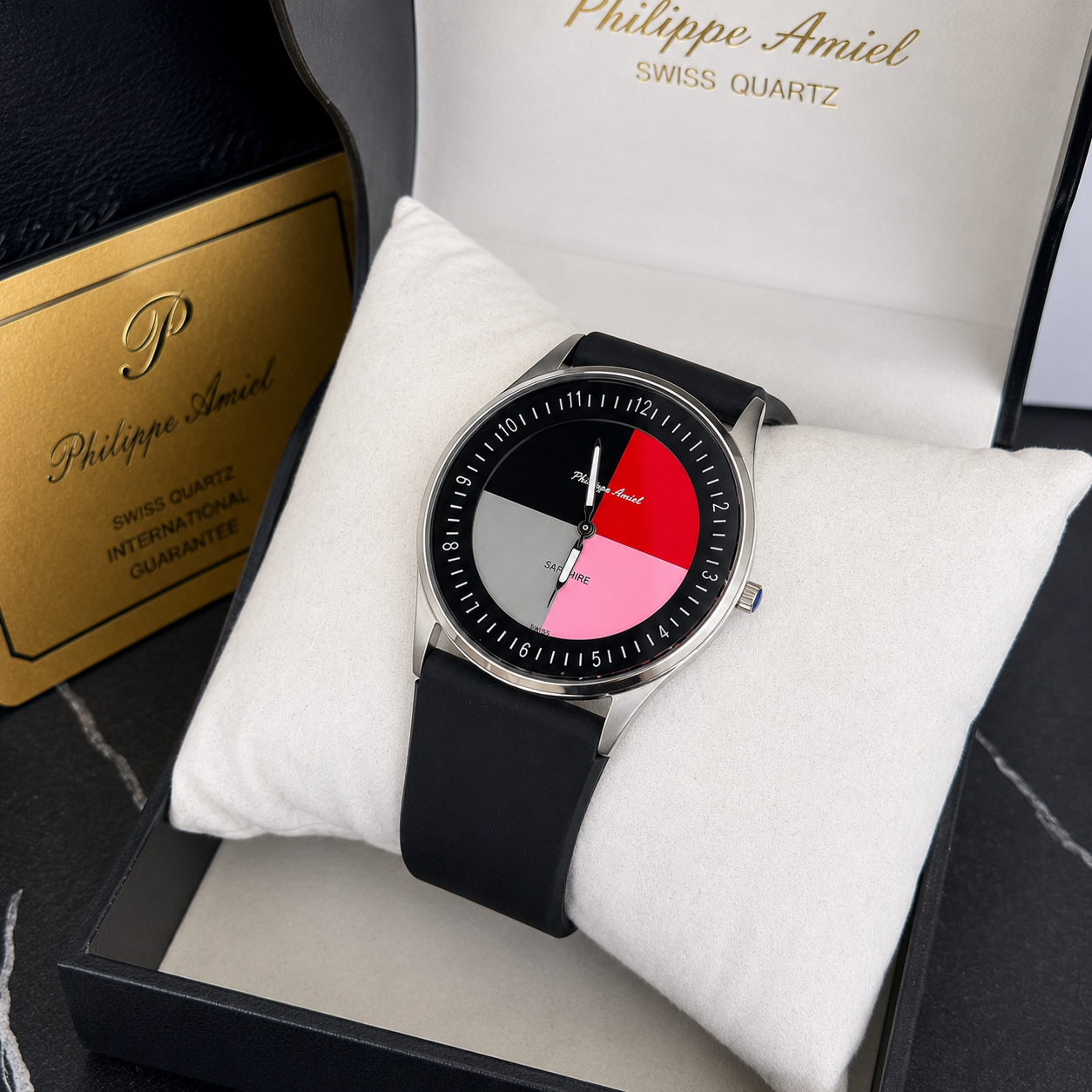 Philippe Amiel M1143 AZ Reloj para Hombre Acero Plateado con Correa de Silicona Negra