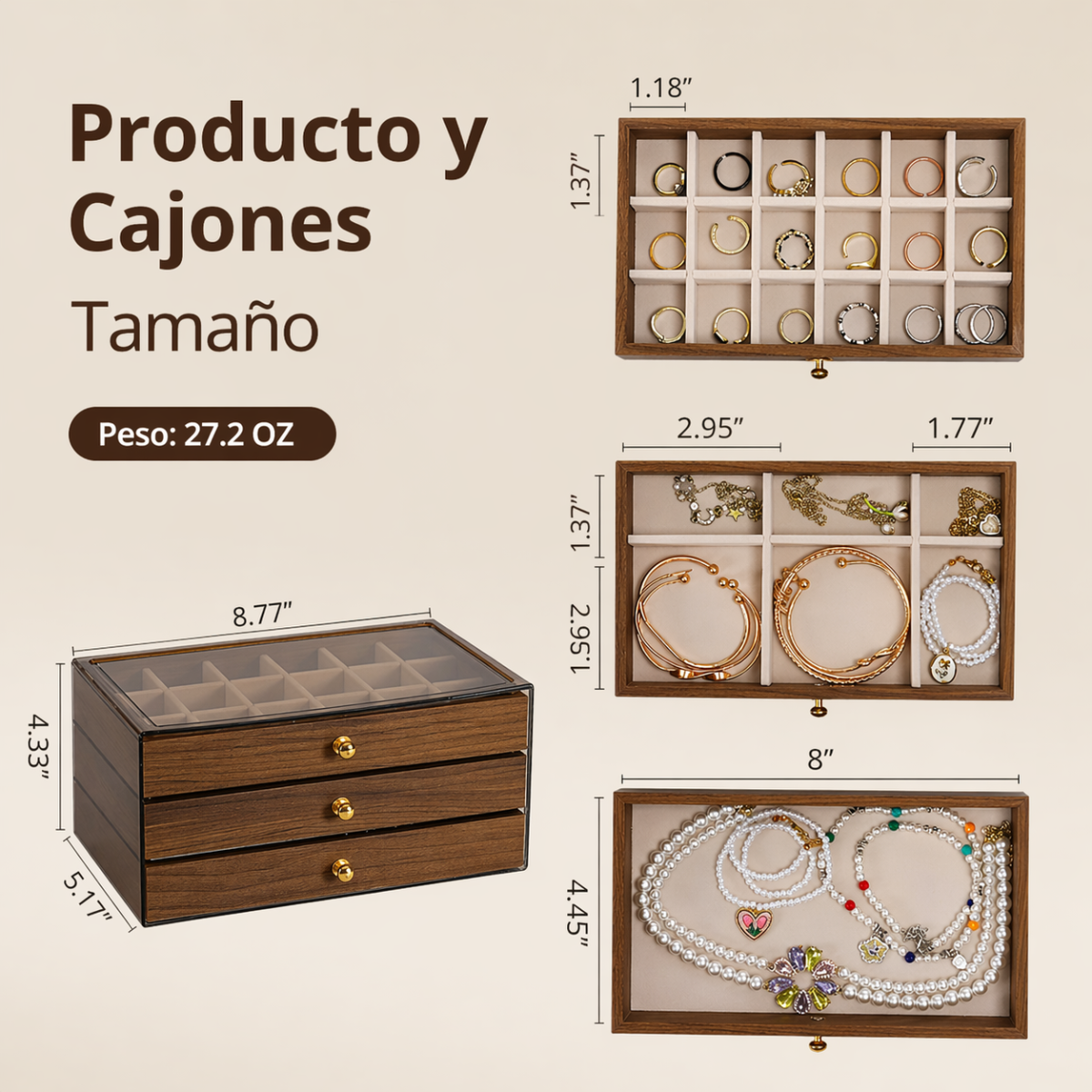 ESTUCHE DE JOYERIA VINTAGE MADERA 3 NIVELES