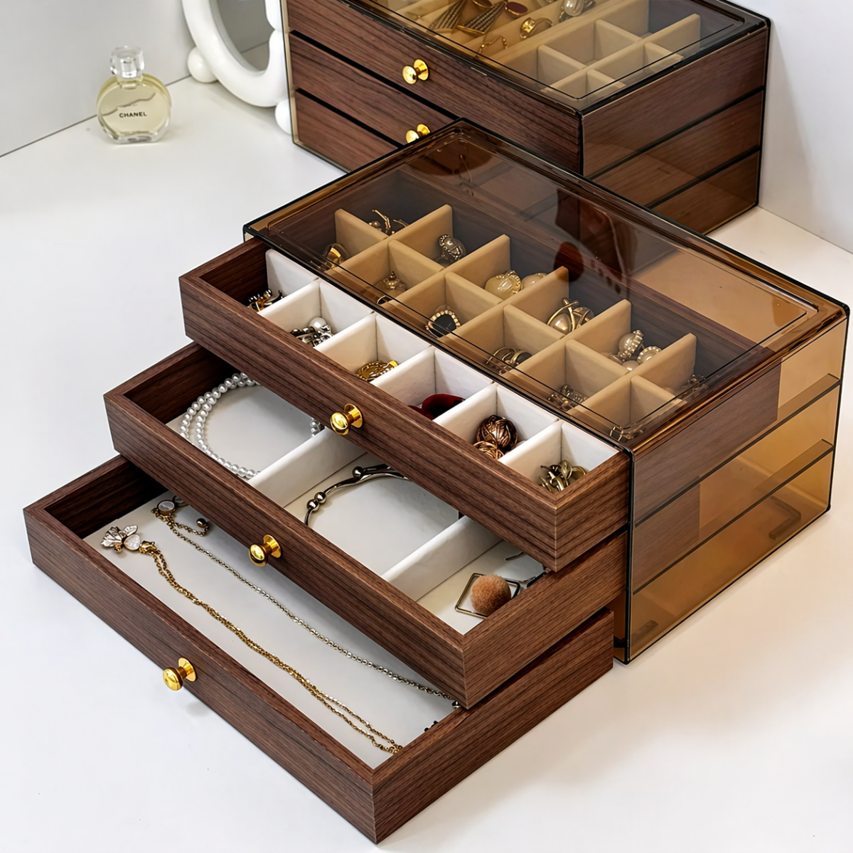 ESTUCHE DE JOYERIA VINTAGE MADERA 3 NIVELES