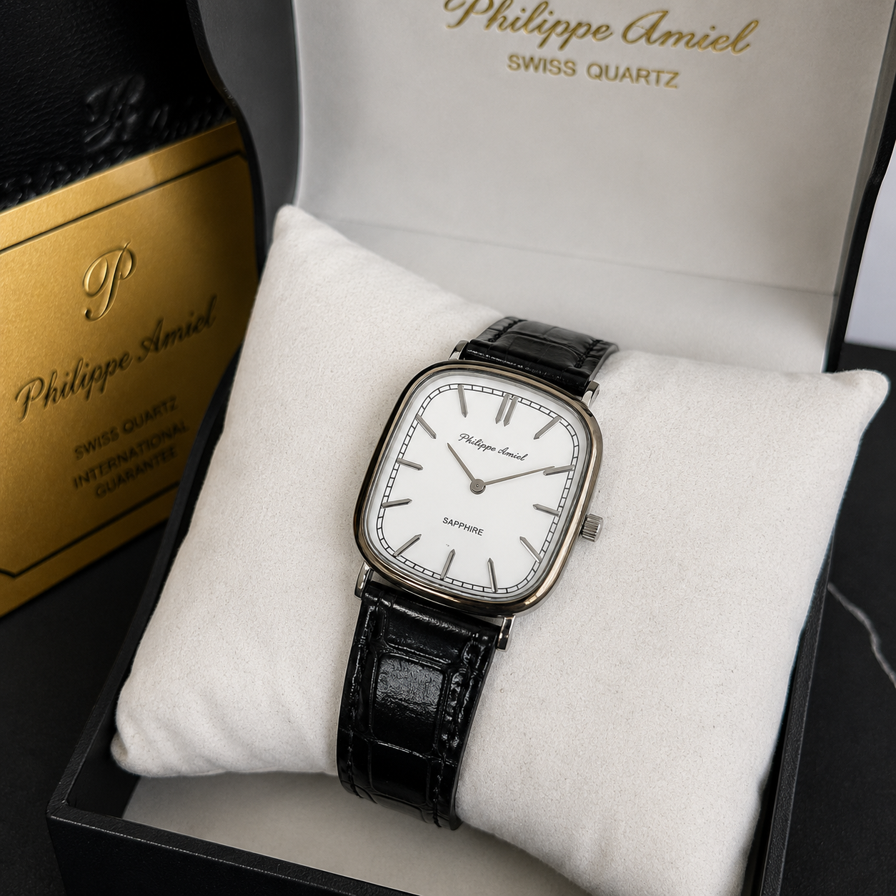 Philippe Amiel M1379 AZ Reloj para Hombre Acero Plateado con Correa de Cuero Negro