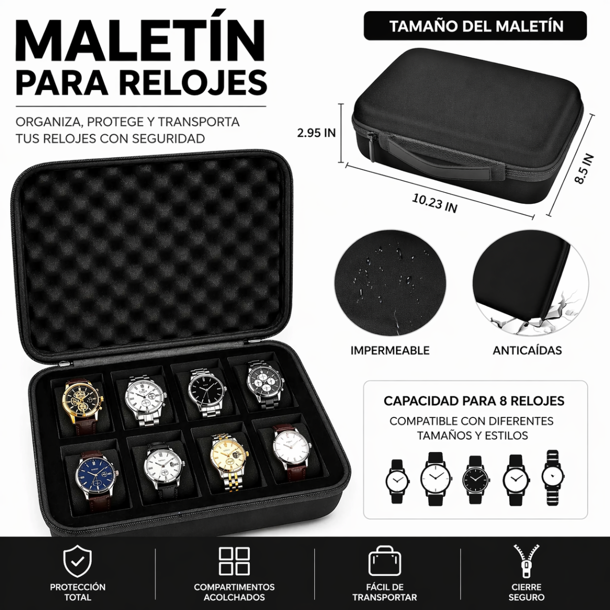 MALETÍN PORTA RELOJES PROTECCIÓN TOTAL 8 PUESTOS