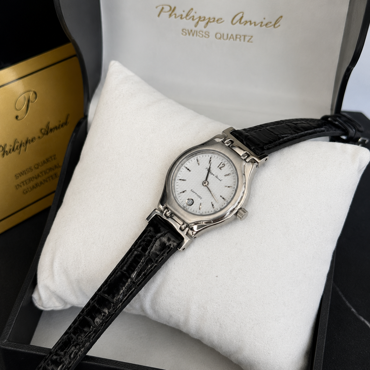 Philippe Amiel F6239 AZ Reloj para Mujer Acero Plateado con Correa de Cuero Negro